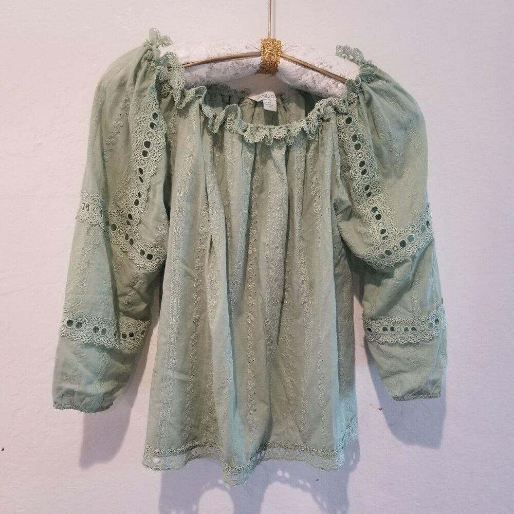Sundance Women's Medium Off-Shoulder Lace Trim Ruffle Peasant Blouse Light Green